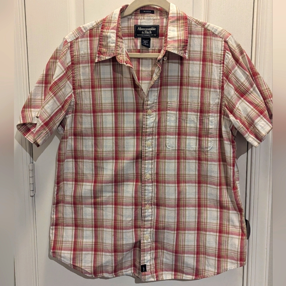 Abercrombie & Fitch Red‎ Plaid Muscle Men's Shirt size large